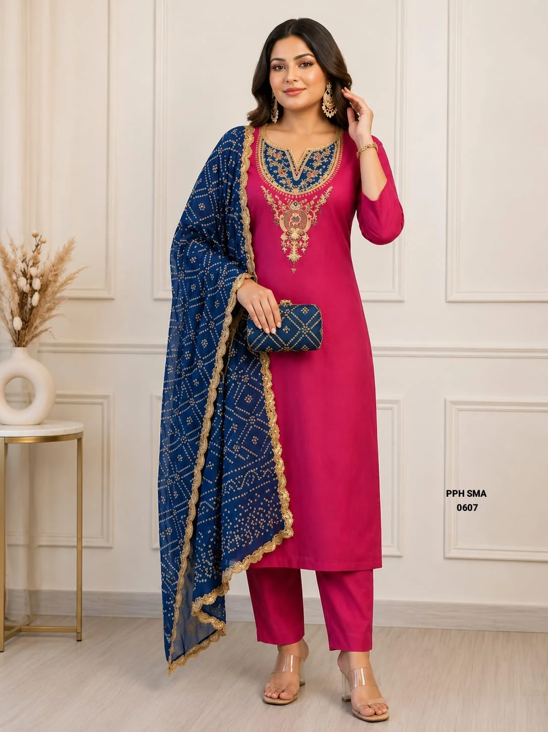 Off-White Embroidered Kurta with Magenta Bandhani Dupatta Set